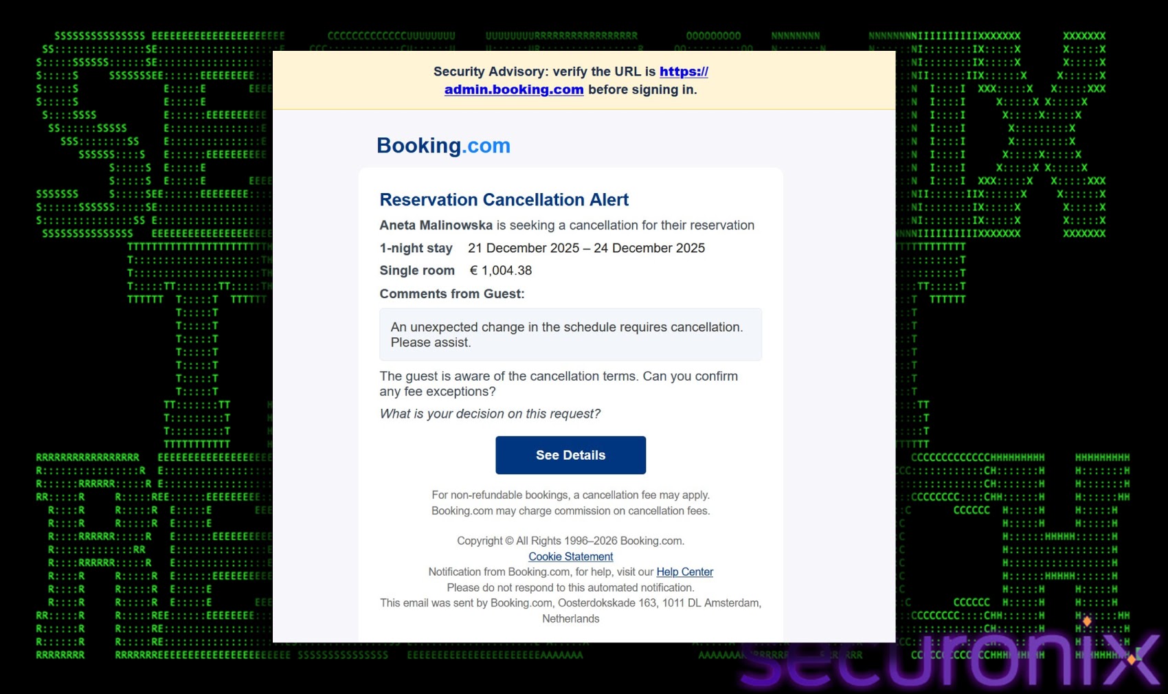 Ψεύτικος ιστότοπος Booking.com (Πηγή - Securonix)